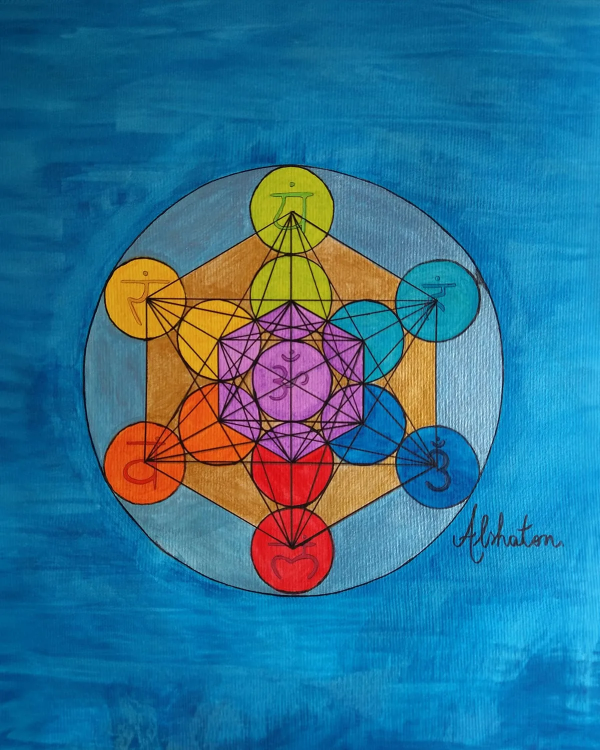 Imagem do ancoramento: geometria sagrada colorida sobre fundo azul