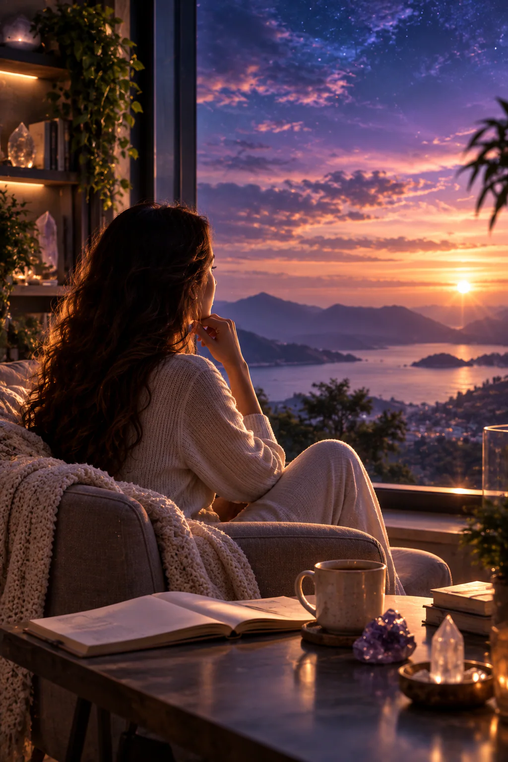 Mulher contemplando o amanhecer em um ambiente acolhedor