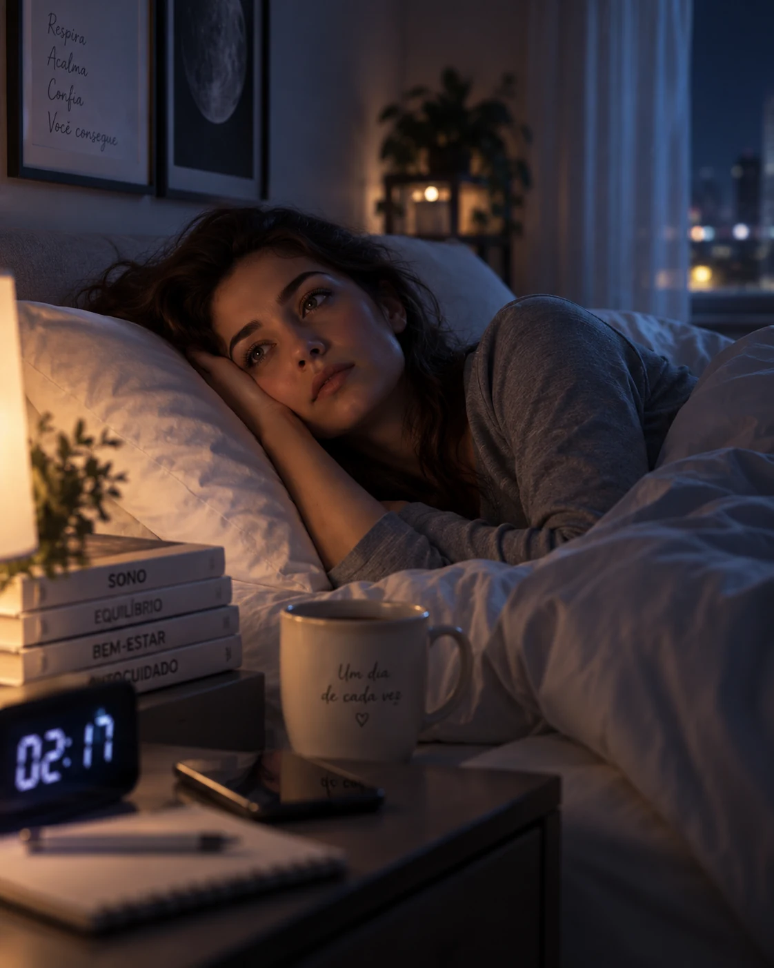 Mulher acordada durante a noite em um ambiente de descanso